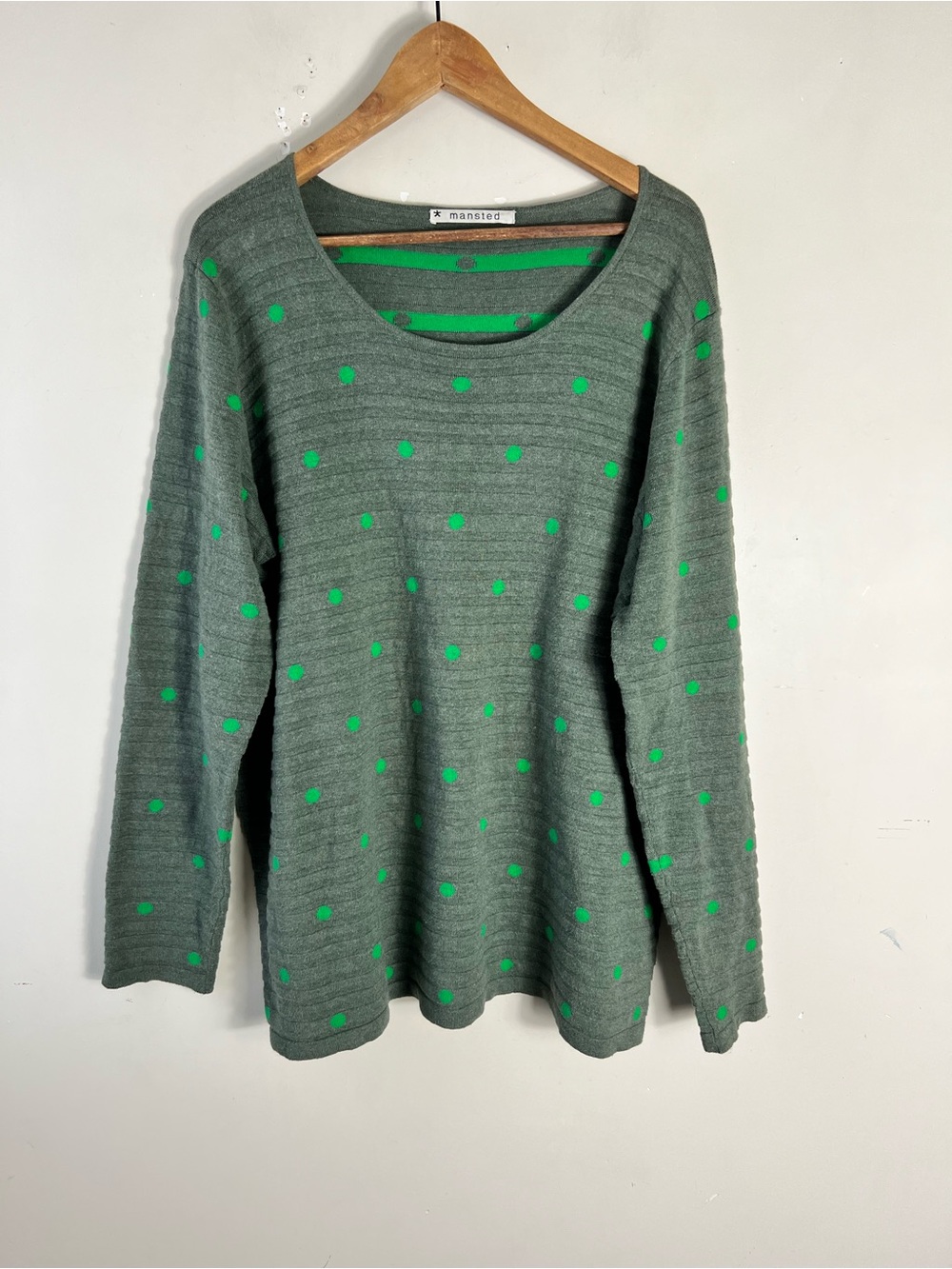 Mansted Women’s Long Sleeve Green Polka Dot Knit Sweater Size XL 100% Cotton